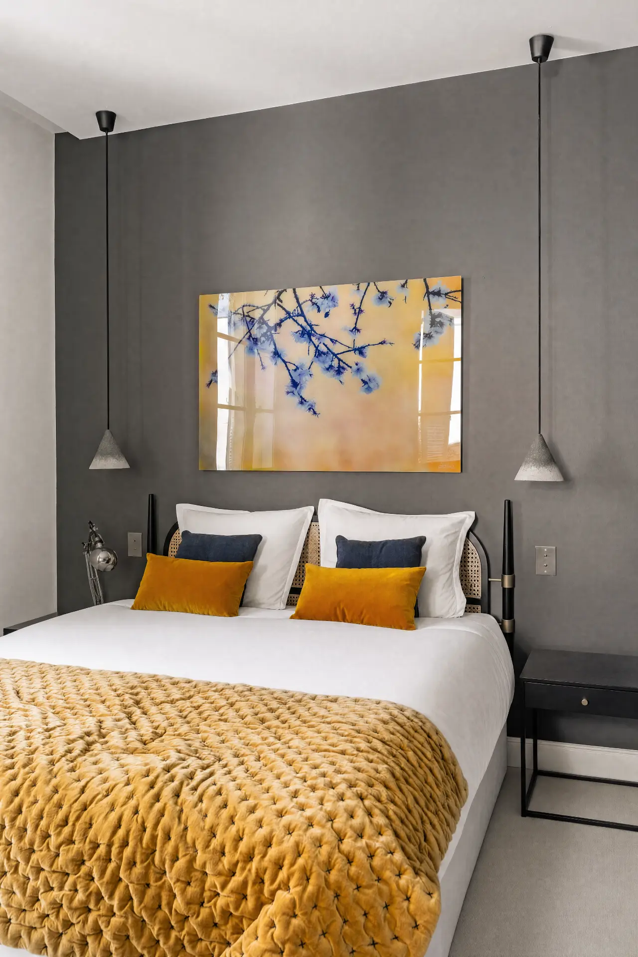 Bedroom in charcoal and ochre velvet