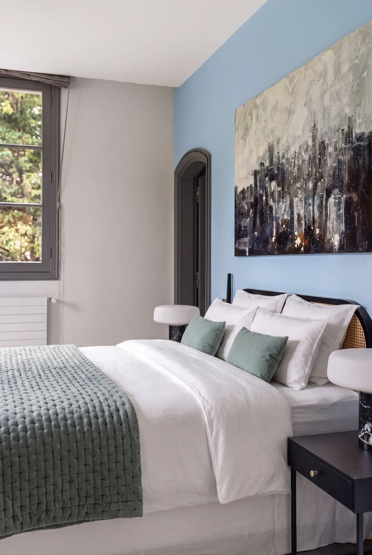 Bedroom in sage green and pale blue