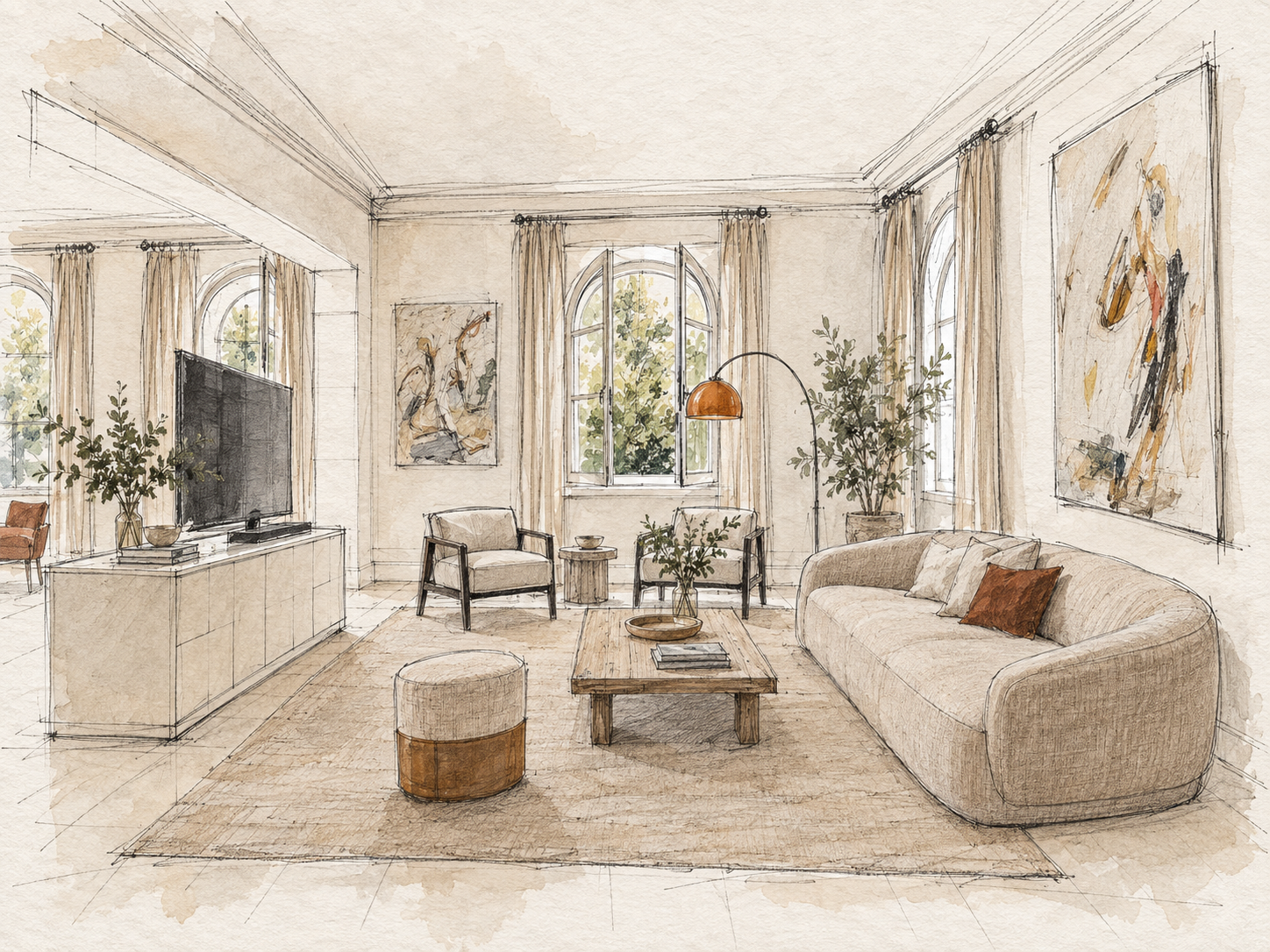 A watercolor study of the drawing rooms